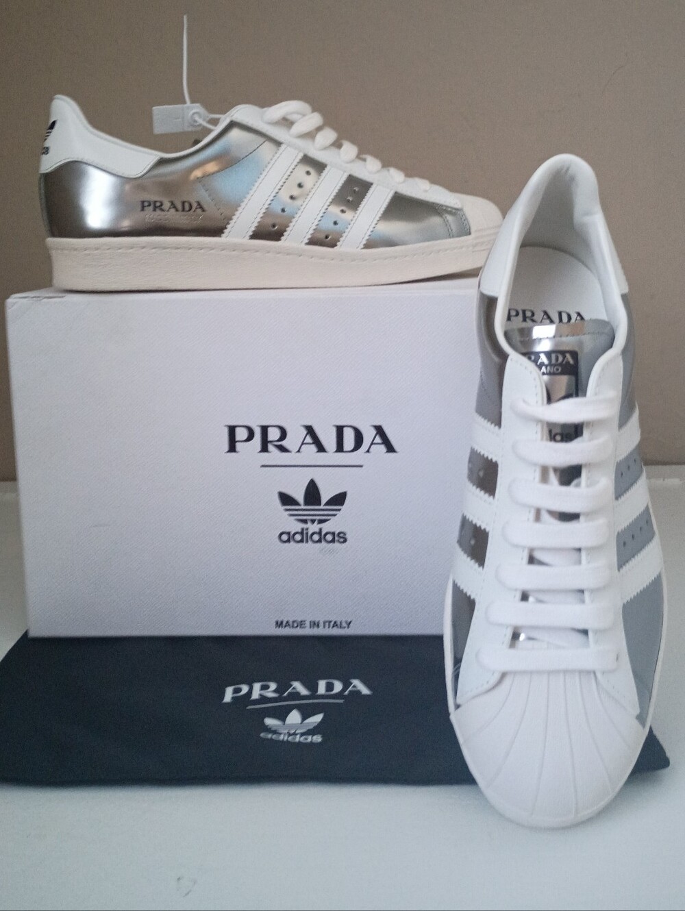 Prada x Adidas Superstar Brushed Calfskin Logo Low - Metallic Silver / White